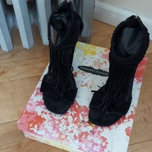 Fringe ankle sandals. Zip back. New heel tip